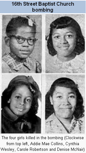 Picture of  four Black girls, Addie Mae Collins, Cynthia Wesley, Carole Robertson, and Denise McNair who were killed by the Klan during the 1963 16th Street Baptist Church bombing in Birmingham, Alabama